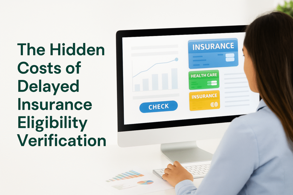 A healthcare admin staff member checking insurance eligibility on a computer with charts and insurance cards on screen.