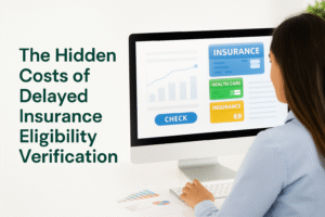 A healthcare admin staff member checking insurance eligibility on a computer with charts and insurance cards on screen.