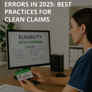 Healthcare front office staff verifying patient eligibility on screen with claim forms and insurance cards visible