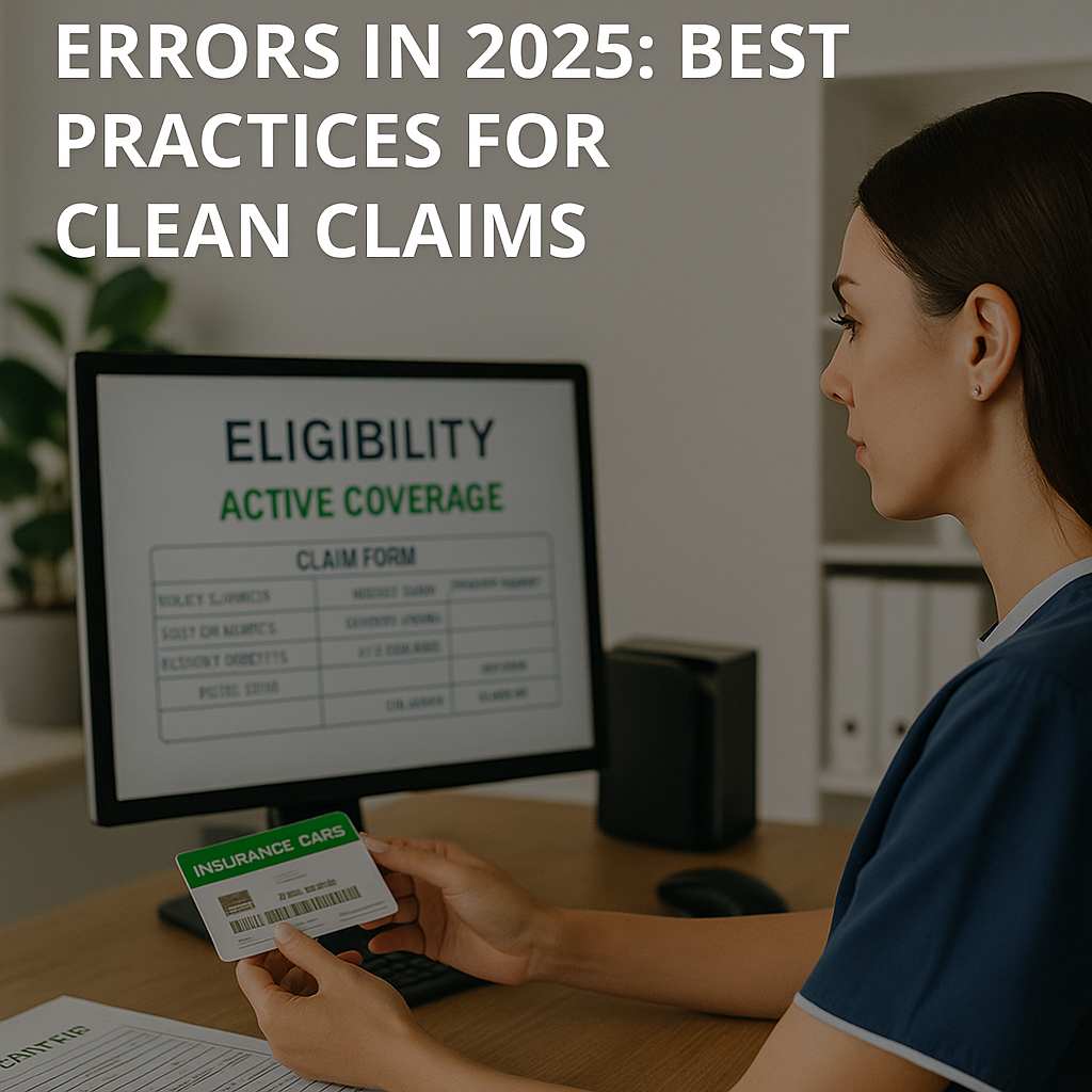 Healthcare front office staff verifying patient eligibility on screen with claim forms and insurance cards visible