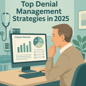 Healthcare billing professional analyzing claim denials and preparing appeals on a computer screen for denial management strategy.