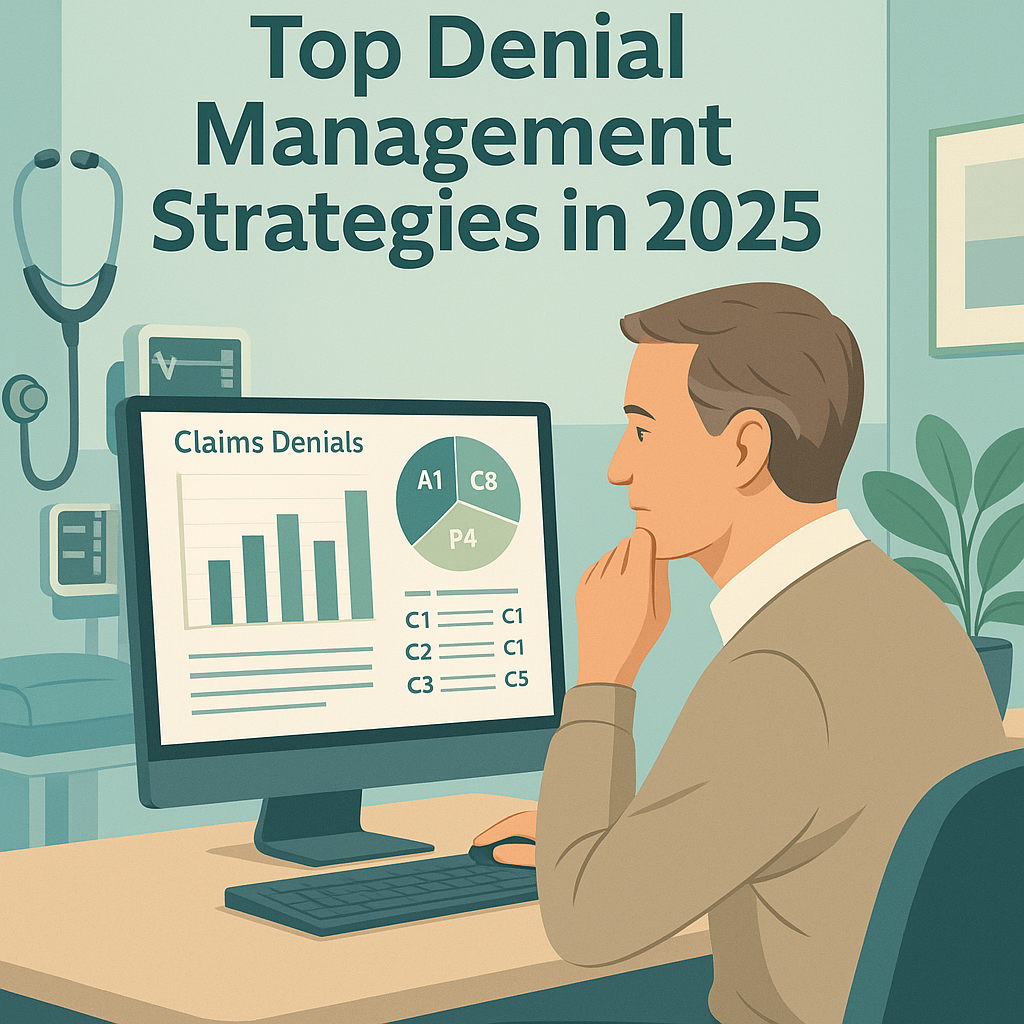 Healthcare billing professional analyzing claim denials and preparing appeals on a computer screen for denial management strategy.