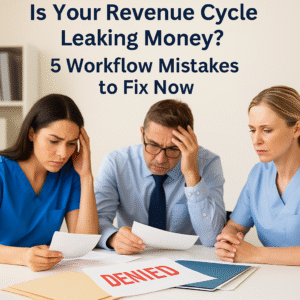 Frustrated healthcare billing team reviewing denied claims and workflow gaps