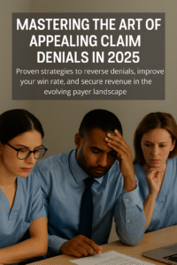 Healthcare professional reviewing a claim denial letter with a checklist and digital tools in the background.