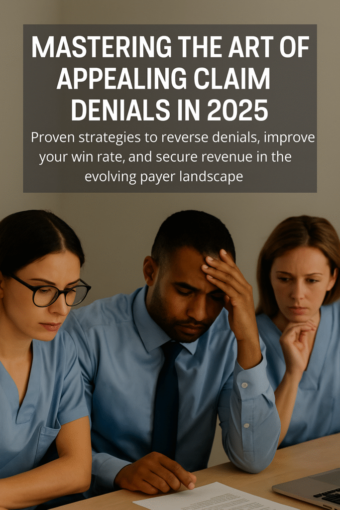 Healthcare professional reviewing a claim denial letter with a checklist and digital tools in the background.