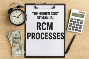 Computer displaying medical billing workflow infographic with the title ‘The Hidden Cost of Manual RCM Processes’ – healthcare revenue cycle concept.