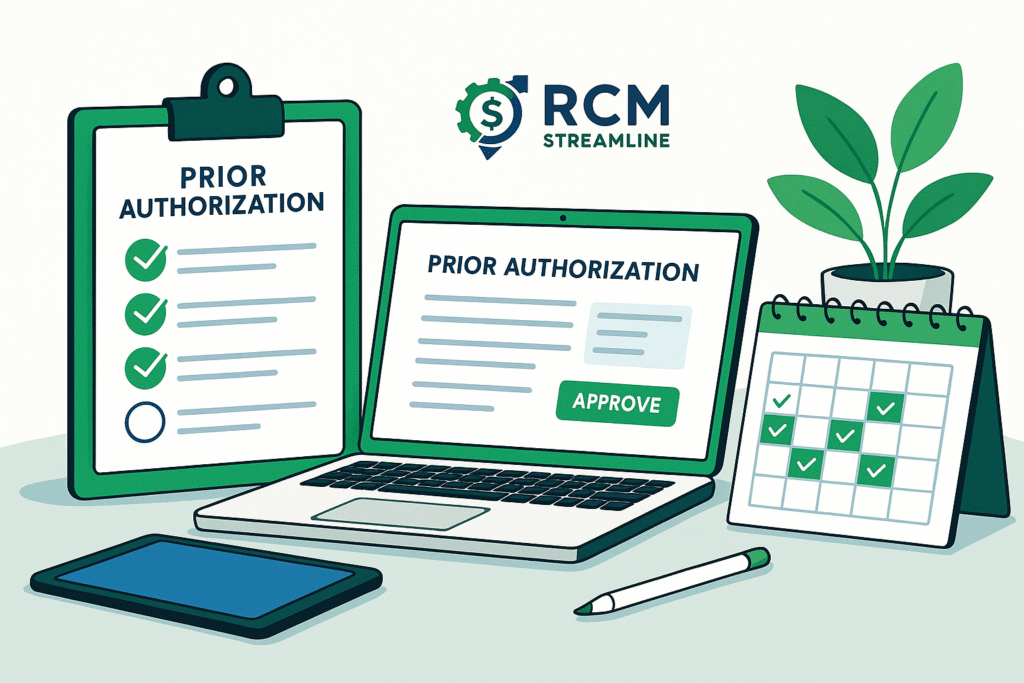 Medical billing specialist reviewing a denied insurance claim with appeal documents and computer screen showing insurance portal – concept of RCM denial appeal process in 2025.