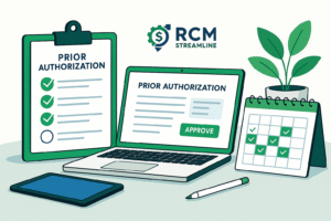 Medical billing specialist reviewing a denied insurance claim with appeal documents and computer screen showing insurance portal – concept of RCM denial appeal process in 2025.